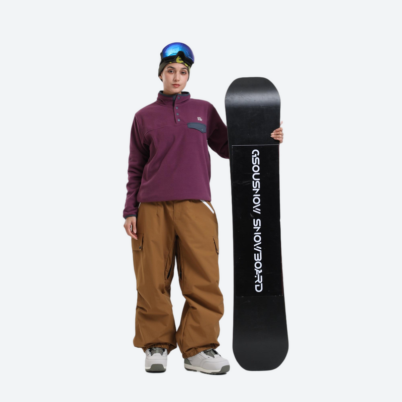 Waterproof 3L cargo snow pants - tan snow pants with purple pullover, for resort and street wear