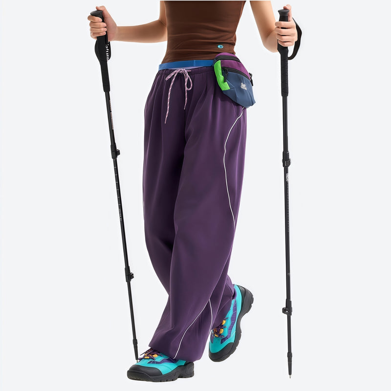 Women's knit cargo hiking pants with relaxed fit - purple knit cargo pants with brown top, for travel and city walks