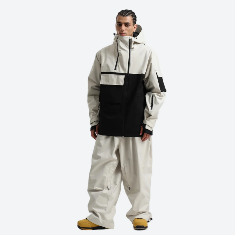 Men's colorblock ski pullover set - cream and black colorblock jacket with cream pants, for skiing and snowboarding