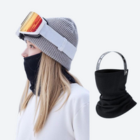 
                  
                    Breathe neckwarmer facemask with breathable fabric - black facemask on women in gray cap with goggles and inset
                  
                