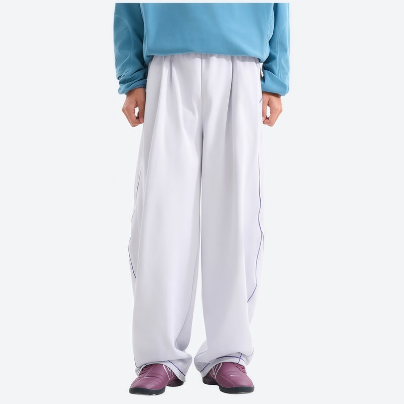 Breathable knit trail pants with cuffed hem - white knit cargo pants with blue top, for camping and outdoor weekends