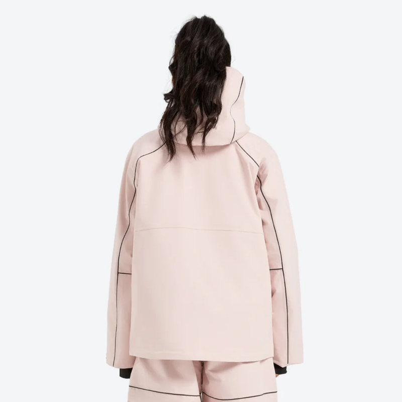 Men's 2-layer snowboard jacket and pants - light pink jacket, on-model back view, for resort and backcountry days