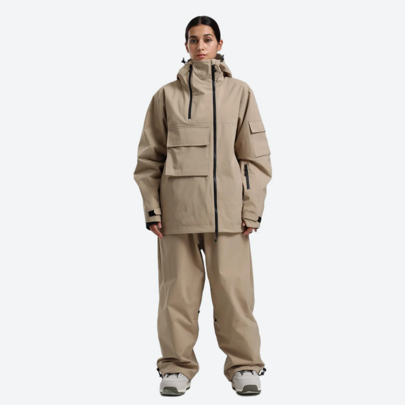 Women's waterproof 2L snow jacket and pants - tan jacket with tan pants, for powder days and winter commute