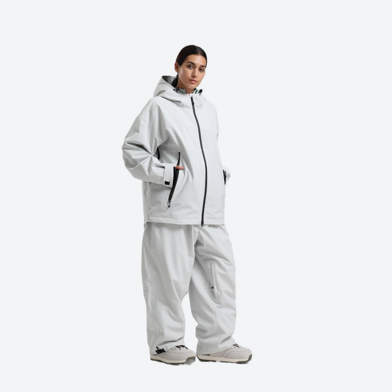 Women's waterproof 2L snow jacket and pants - light gray jacket with light gray pants, for cold-weather winter sports