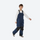 Kids 3L waterproof snow jacket and pants suit - navy bib pants with black knee patches, for youth snow play and sledding