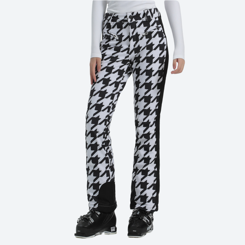 Women's slim fit waterproof stretchable ski pants - houndstooth ski pants with black side stripe, for winter mountain trips