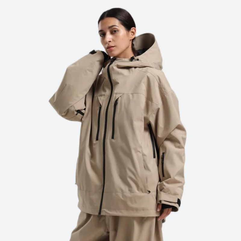Women's waterproof 2L snow jacket and pants - tan jacket, for powder days and winter commute