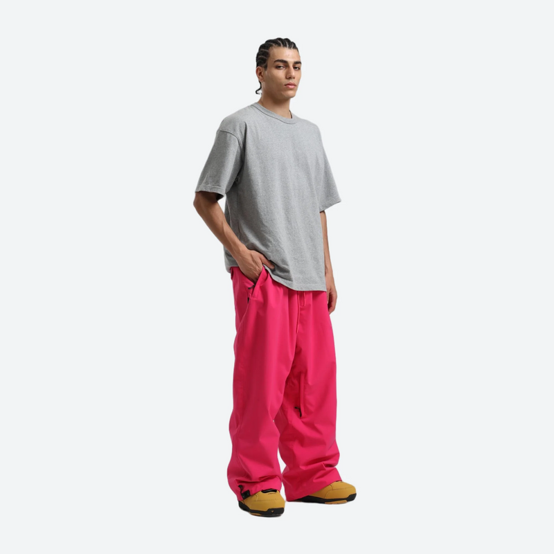 Men's waterproof 2L snow jacket and pants - pink snow pants with gray tee, on-model front view, for resort and street wear