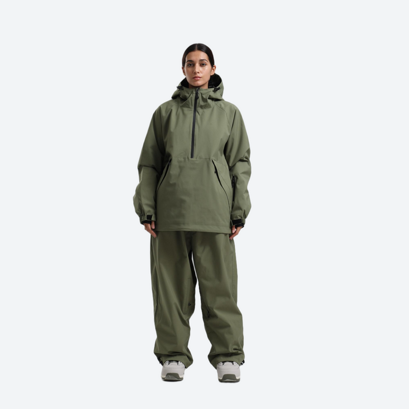 Women's 2-layer snowboard jacket and pants - sage green anorak jacket with sage pants, for cold-weather winter sports