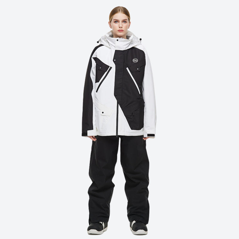 Unisex waterproof 2L snow jacket and pants - black and white colorblock jacket with black pants, for resort and street wear