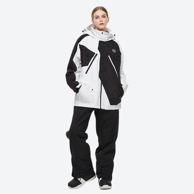 Unisex 2-layer snowboard jacket and pants - black and white colorblock jacket with black pants