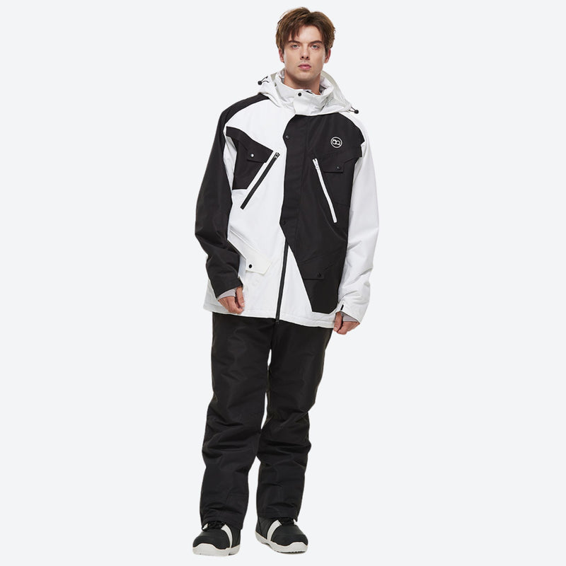 Unisex 2-layer snowboard jacket and pants - black and white colorblock jacket with black pants, on-model full-body front view