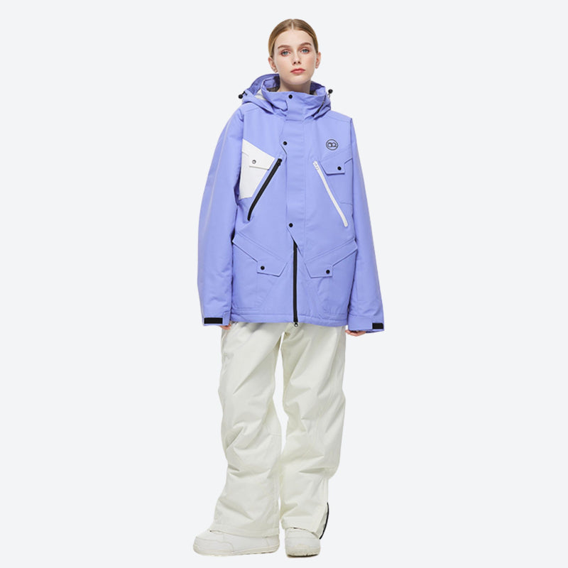 Unisex waterproof 2L snow jacket and pants - lavender anorak jacket with white pants, for powder days and winter commute