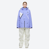 
                  
                    Unisex 2-layer snowboard jacket and pants - lavender anorak jacket with white pants, for resort and street wear
                  
                