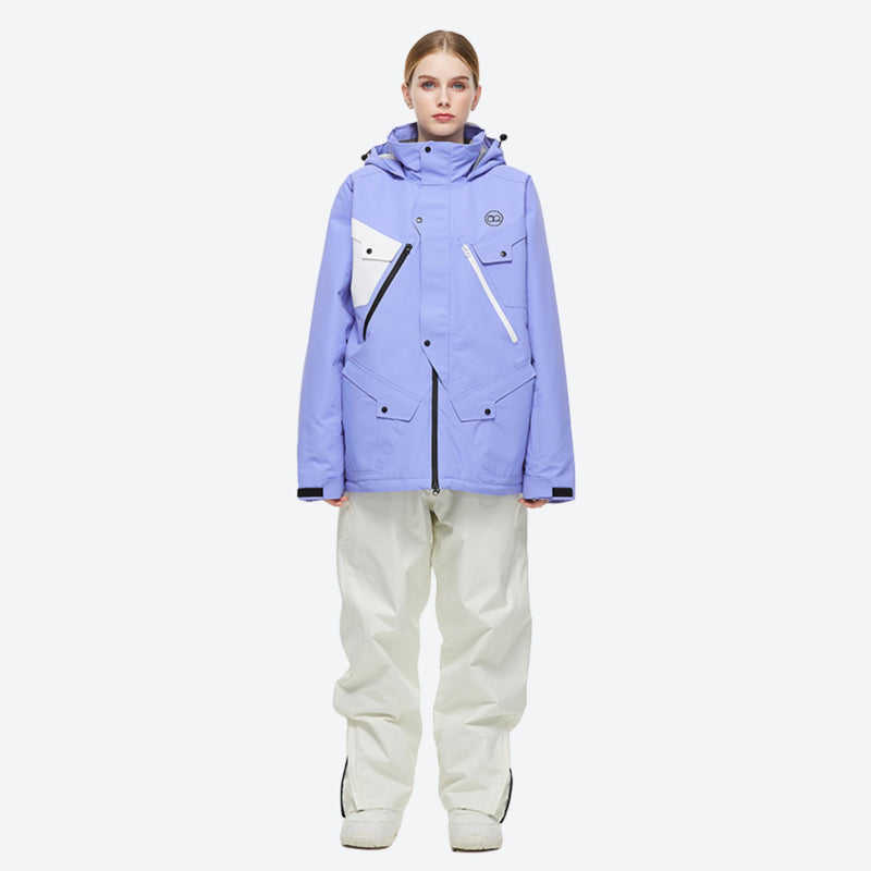 Unisex 2-layer snowboard jacket and pants - lavender anorak jacket with white pants, for resort and street wear