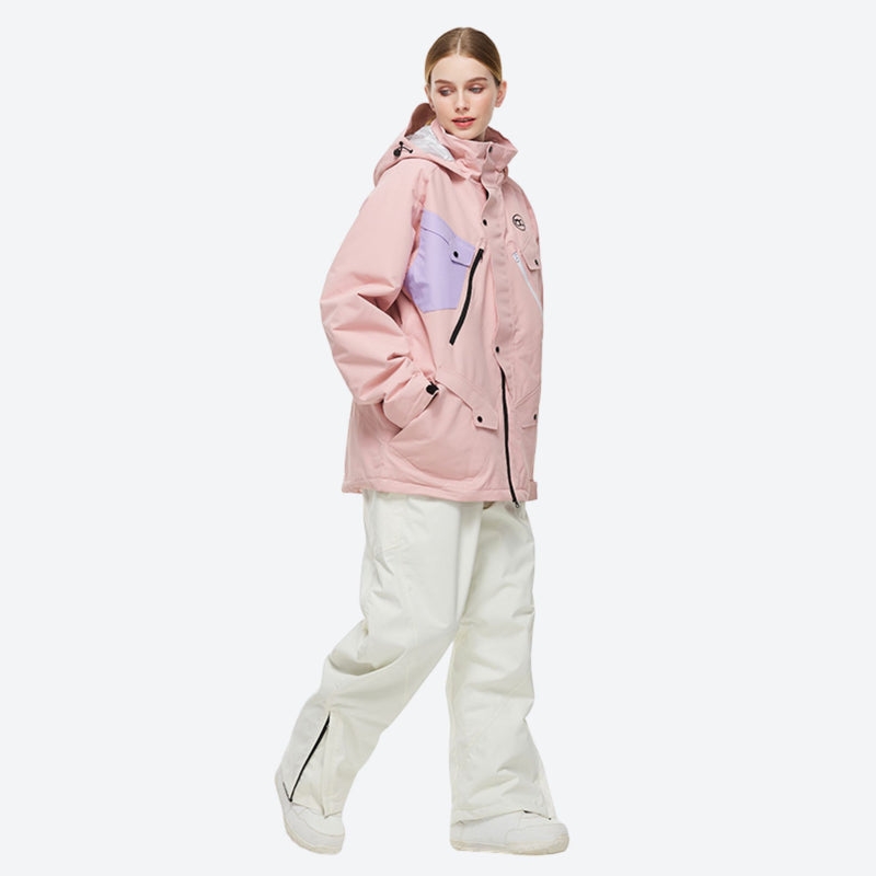 Unisex waterproof 2L snow jacket and pants - pink anorak jacket with white pants, for cold-weather winter sports