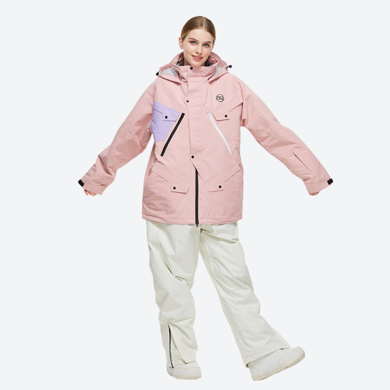 Unisex 2-layer snowboard jacket and pants - pink anorak jacket with white pants, for powder days and winter commute