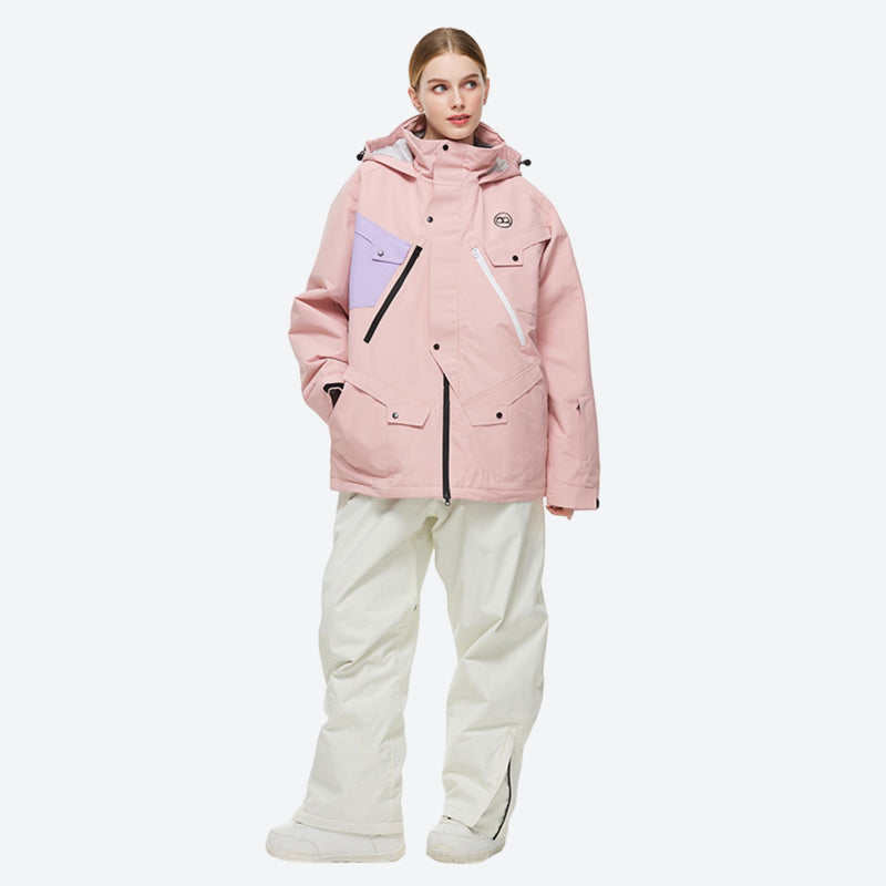 Unisex waterproof 2L snow jacket and pants - pink anorak jacket with white pants, for skiing and snowboarding