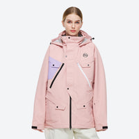 
                  
                    Unisex 2-layer snowboard jacket and pants - pink anorak jacket, on-model front view, for cold-weather winter sports
                  
                