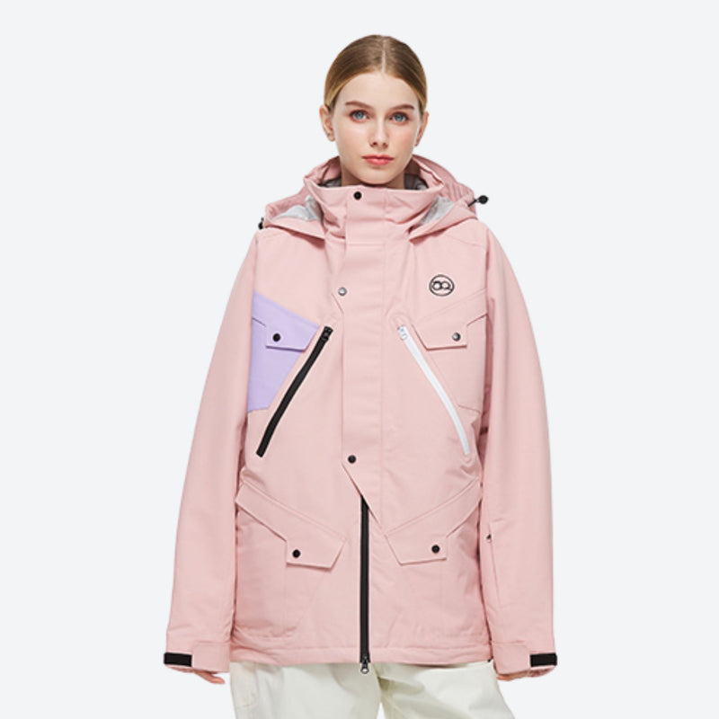 Unisex 2-layer snowboard jacket and pants - pink anorak jacket, on-model front view, for cold-weather winter sports