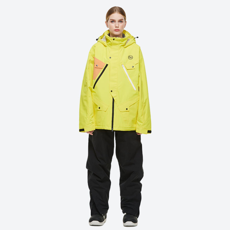Unisex waterproof 2L snow jacket and pants - neon yellow anorak jacket with black pants, for resort and street wear