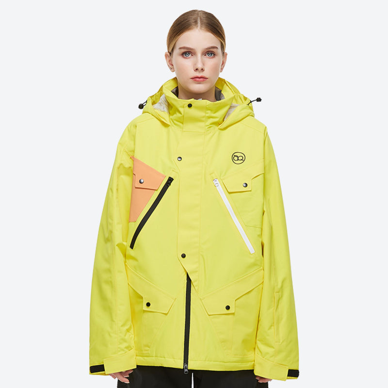 Unisex 2-layer snowboard jacket and pants - neon yellow anorak jacket, on-model front view, for skiing and snowboarding