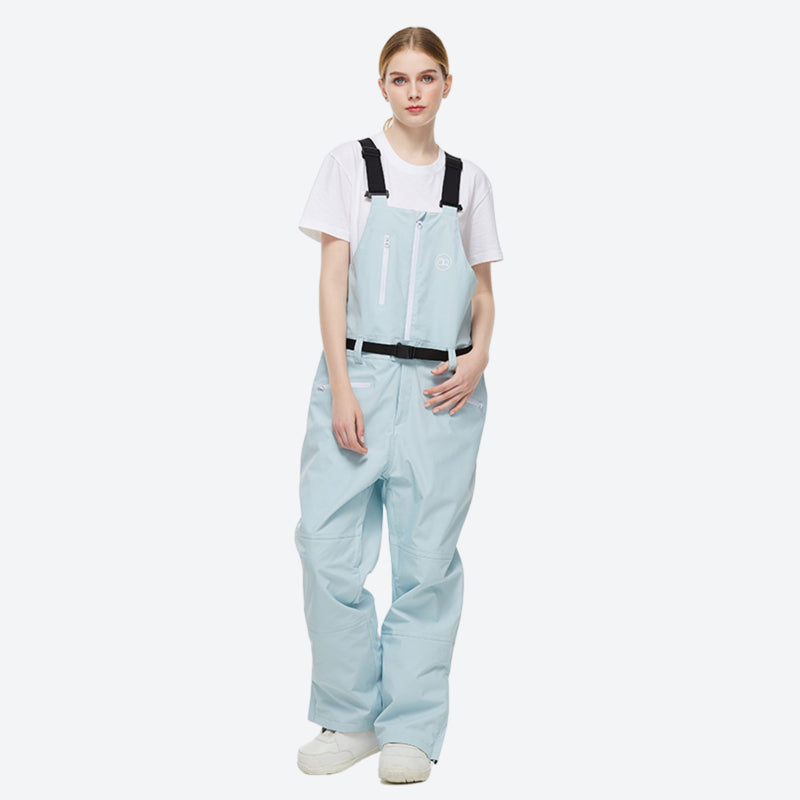 Unisex colorblock snowboard jacket and bibs - light blue bib pants, on-model front view, for skiing and snowboarding