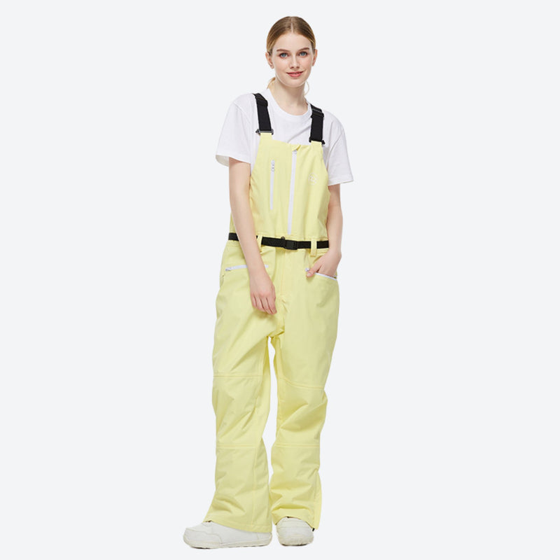 Breathable 2-layer ski jacket with suspender pants - light yellow bib pants, on-model front view, for skiing and snowboarding