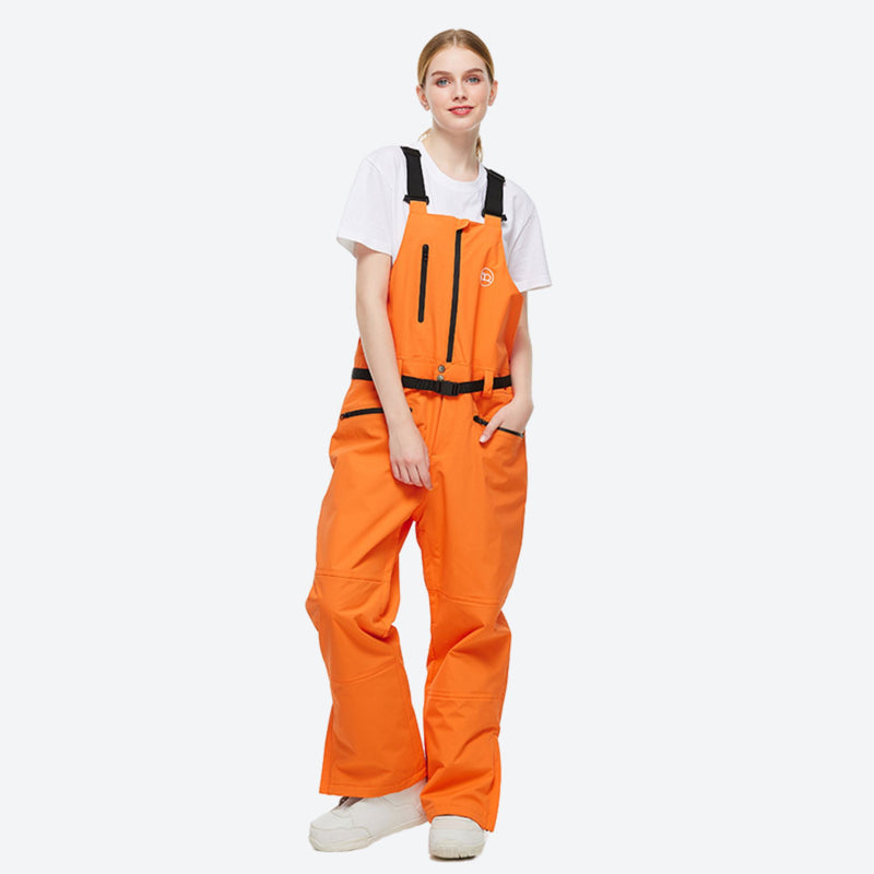 Breathable 2-layer ski jacket with suspender pants - orange bib pants, on-model front view, for skiing and snowboarding
