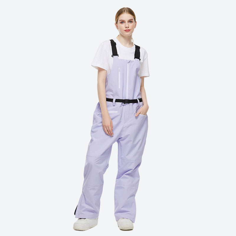 Breathable 2-layer ski jacket with suspender pants - lavender bib pants, on-model front view, for cold-weather winter sports