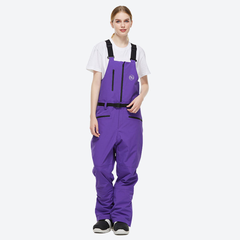 Unisex colorblock snowboard jacket and bibs - purple bib pants, on-model front view, for cold-weather winter sports