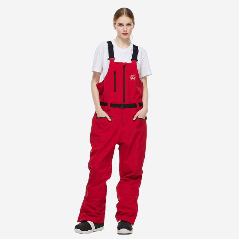 Unisex colorblock snowboard jacket and bibs - red bib pants, on-model front view, for resort and backcountry days