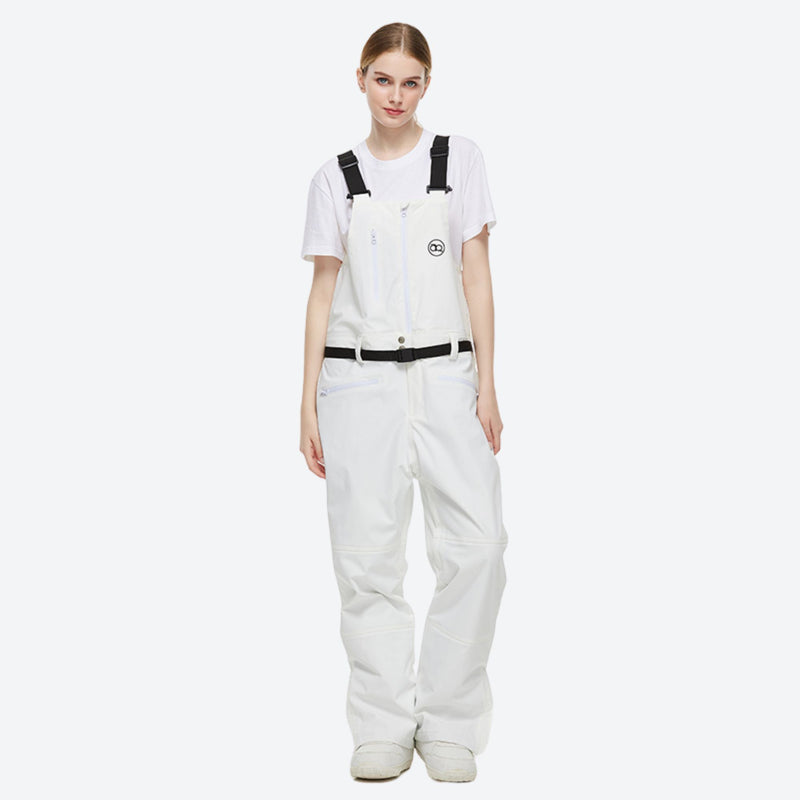 Unisex colorblock snowboard jacket and bibs - white bib pants, on-model front view, for skiing and snowboarding