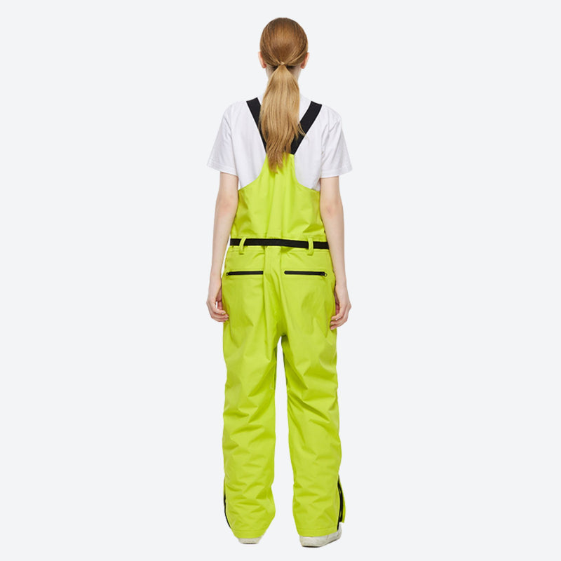 Unisex colorblock snowboard jacket and bibs - lime green bib pants, on-model back view, for skiing and snowboarding
