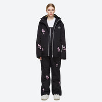 
                  
                    Women's waterproof 2L snow jacket and pants set - black floral print jacket with black pants, for resort and street wear
                  
                
