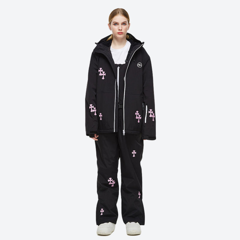 Women's waterproof 2L snow jacket and pants set - black floral print jacket with black pants, for resort and street wear