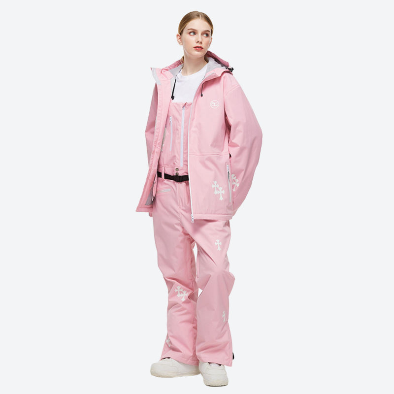 Women's breathable floral print ski suit - pink floral print jacket with pink pants, for cold-weather winter sports