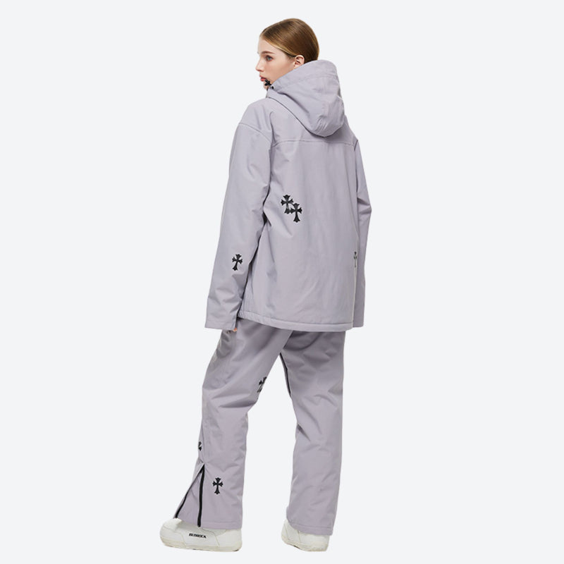 Women's 2-layer snowboard jacket and pants - lavender floral print jacket with lavender pants, side walking view