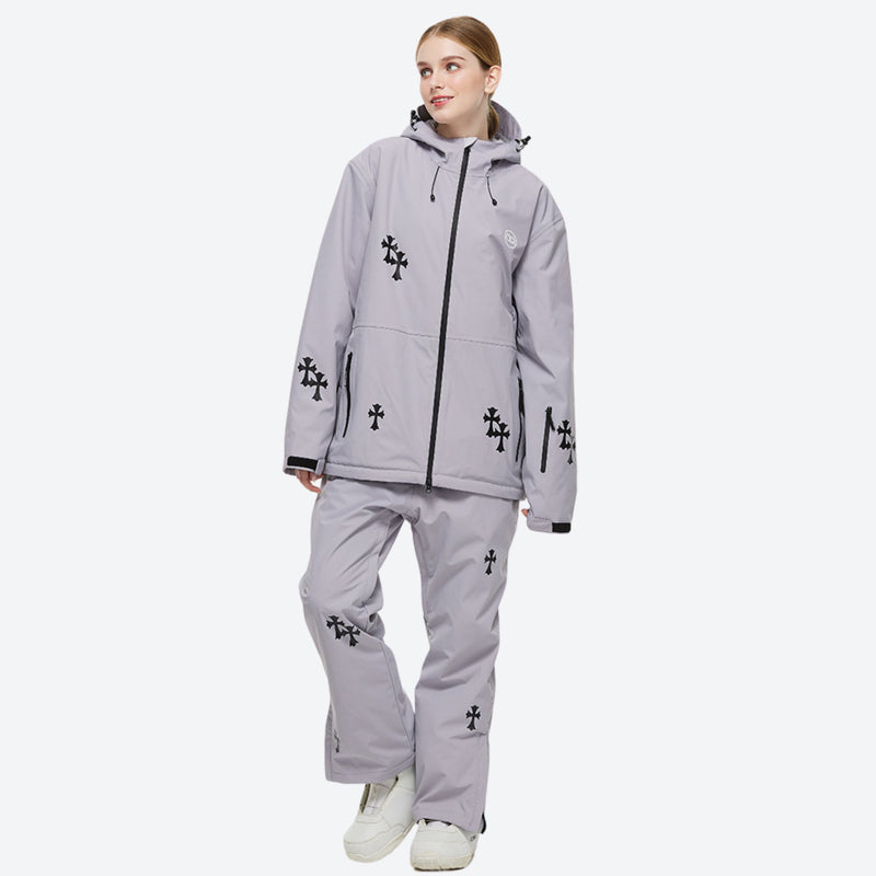 Women's breathable floral print ski suit - lavender floral print jacket with lavender pants, for resort and street wear