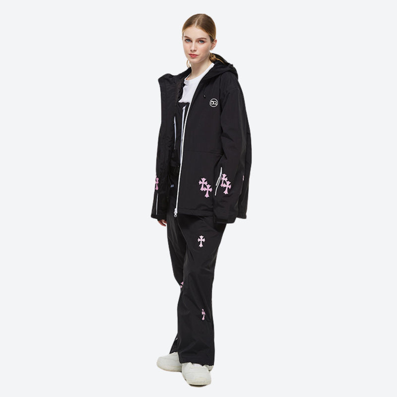 Women's breathable floral print ski suit - black floral print jacket with black pants, for powder days and winter commute