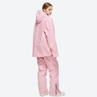 
                  
                    Women's waterproof 2L snow jacket and pants set - pink floral print jacket with pink pants, on-model side view
                  
                