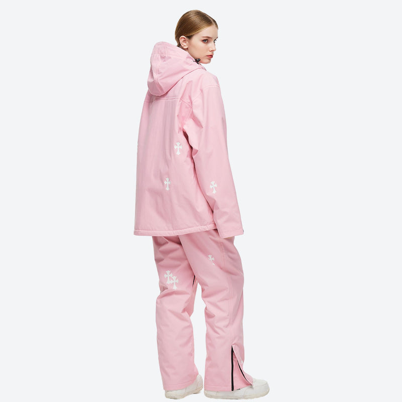 Women's waterproof 2L snow jacket and pants set - pink floral print jacket with pink pants, on-model side view