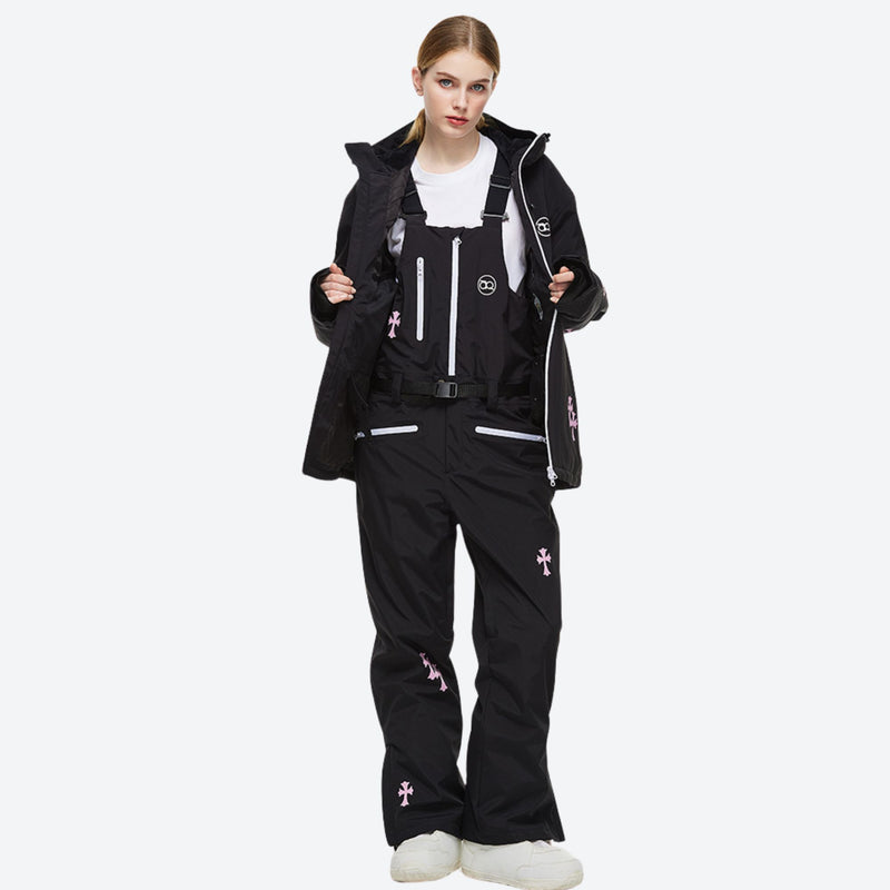 Women's waterproof 2L snow jacket and pants set - black floral print jacket with black pants, for skiing and snowboarding