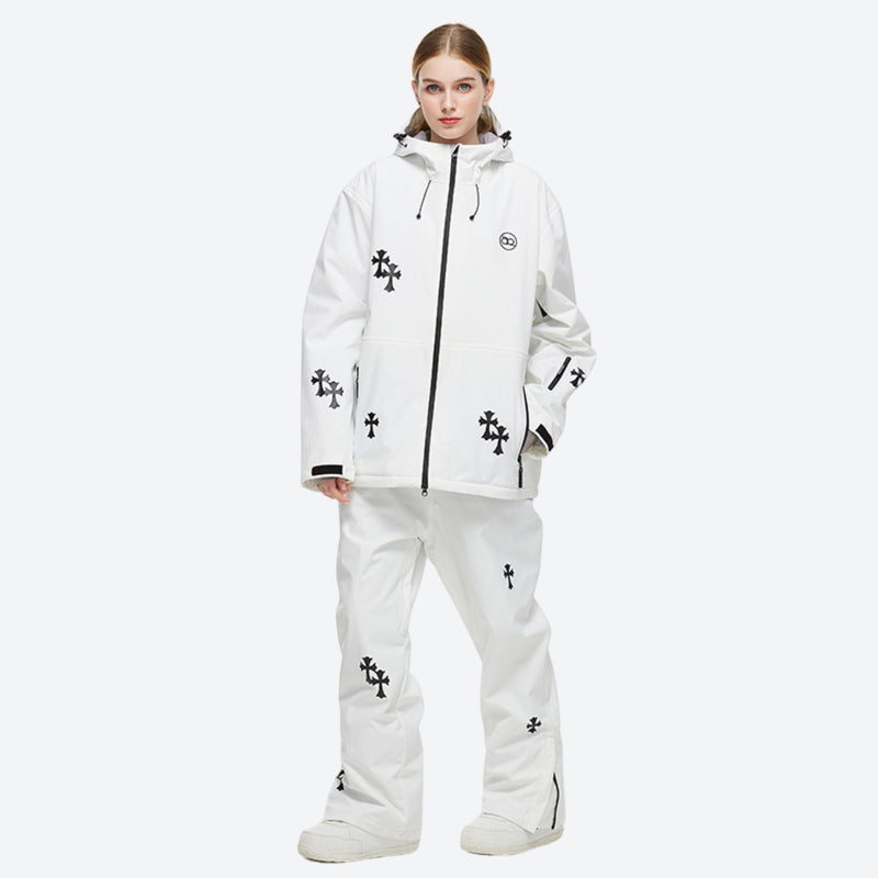 Women's breathable floral print ski suit - white floral print jacket with white pants, for resort and street wear