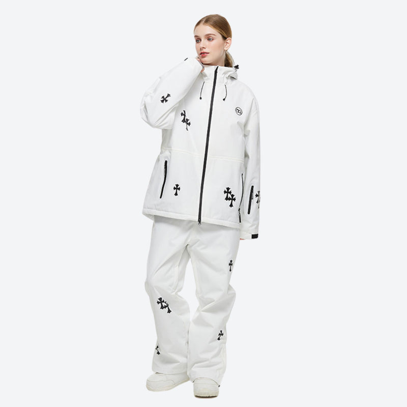 Women's 2-layer snowboard jacket and pants - white floral print jacket with white pants, for powder days and winter commute