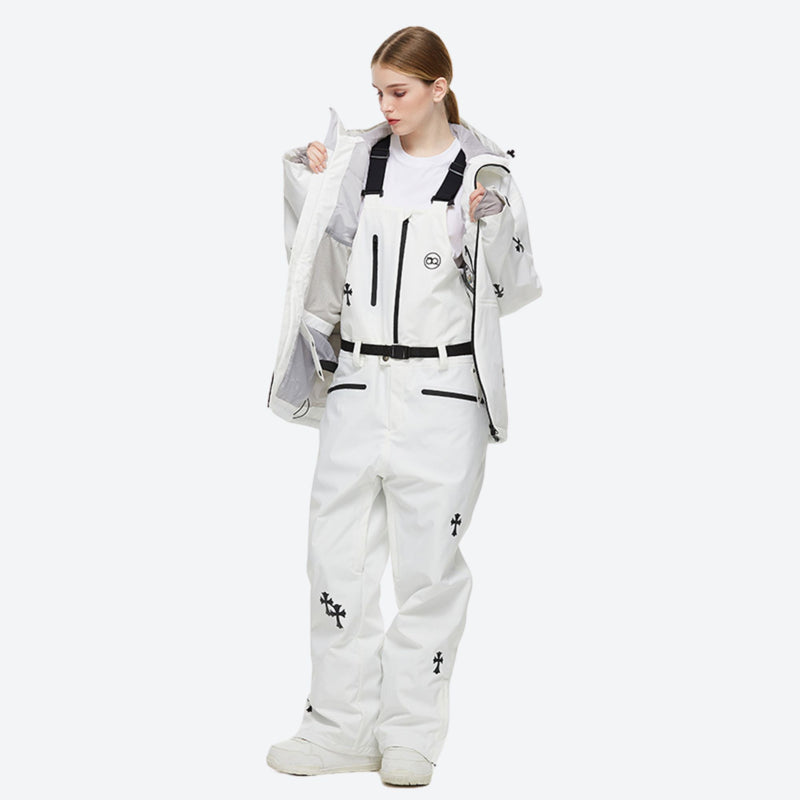 Women's waterproof 2L snow jacket and pants set - white floral print jacket with white pants, for cold-weather winter sports
