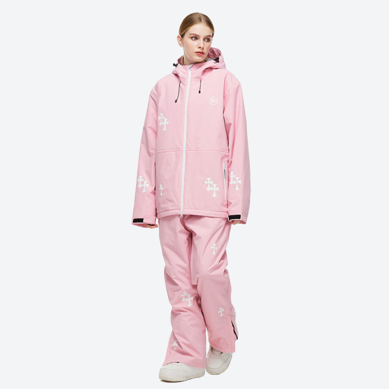 Women's 2-layer snowboard jacket and pants - pink floral print jacket with pink pants, for resort and street wear