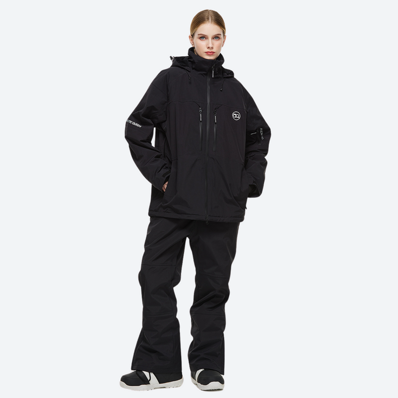 Breathable 2-layer ski jacket with suspender pants - black jacket with black pants, for powder and piste riding