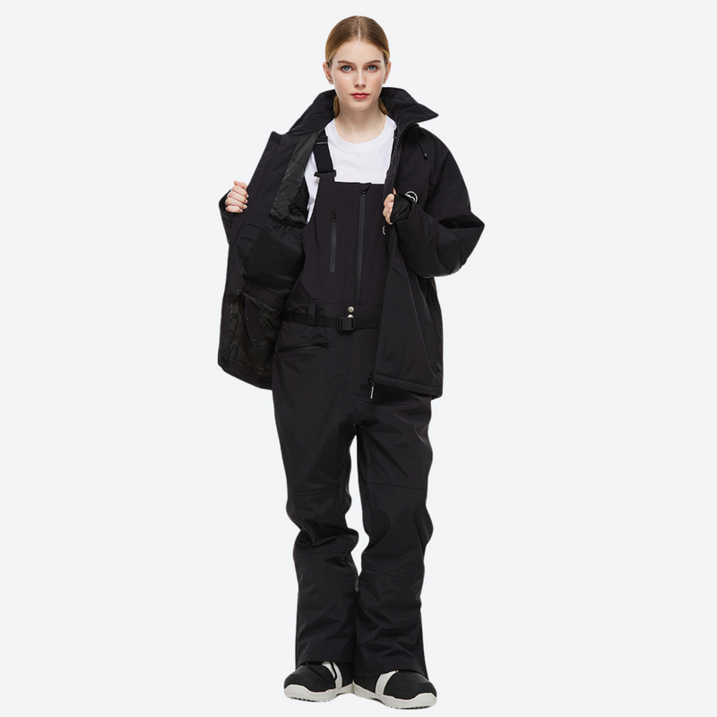 Unisex colorblock snowboard jacket and bibs - black, open front interior lining detail, for cold-weather winter sports