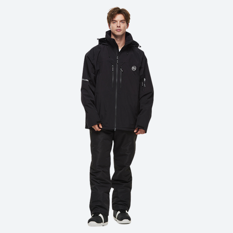 Breathable 2-layer ski jacket with suspender pants - black jacket with black pants, for resort and backcountry days